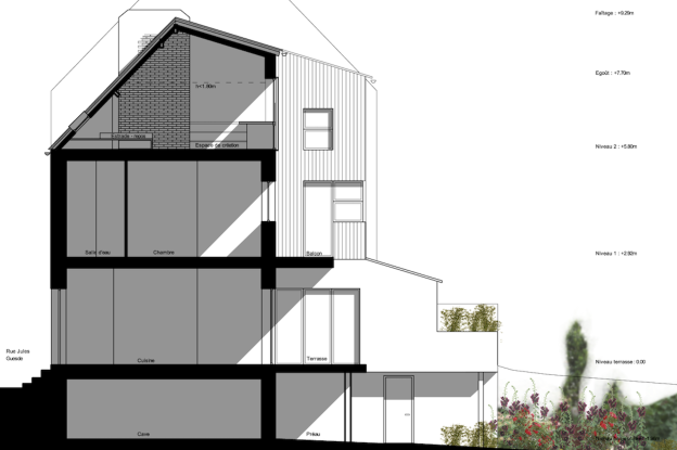 Coupe sur projet d'extension-surélévation d'une maison en bord de Loire. 