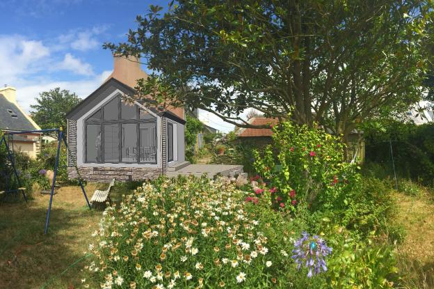 Extension à Groix: cabane contemporaine dans le jardin, belvédère vitré au milie