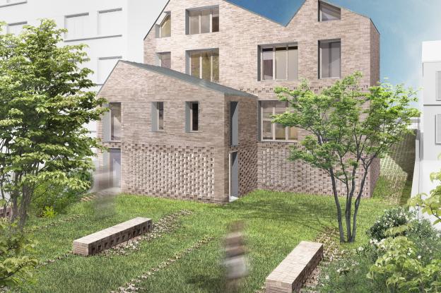 Vue sur les logements depuis le jardin.