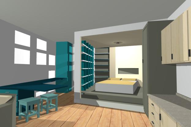 Version 1 - vue depuis la  cuisine vers  chambre et espace créatif