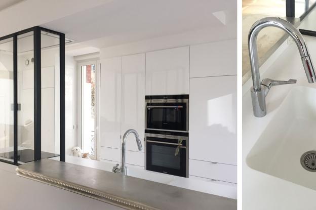 Maison ouvrière - Cuisine : verrière acier, corian et étain