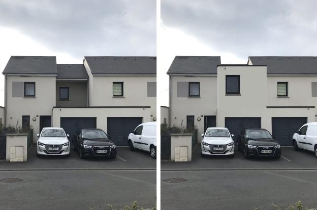 Perspective sur rue, (état existant à gauche, état projeté à droite)