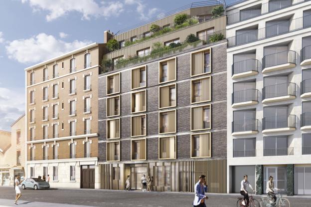 La façade donnant sur la rue de Cîteaux du Bâtiment A, à ossature bois avec remplissage en béton de chanvre préfabriqué, se veut une réinterprétation moderne de l'immeuble parisien 