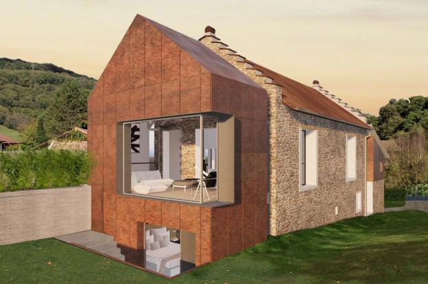 Vue extérieure de la maison existante et de l'extension neuve