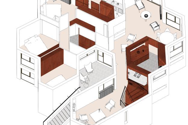 La cuisine hexagonale,  rotule de l'espace de vue, laisse entrer la lumière au coeur de la maison et offre de nombreuses perspectives