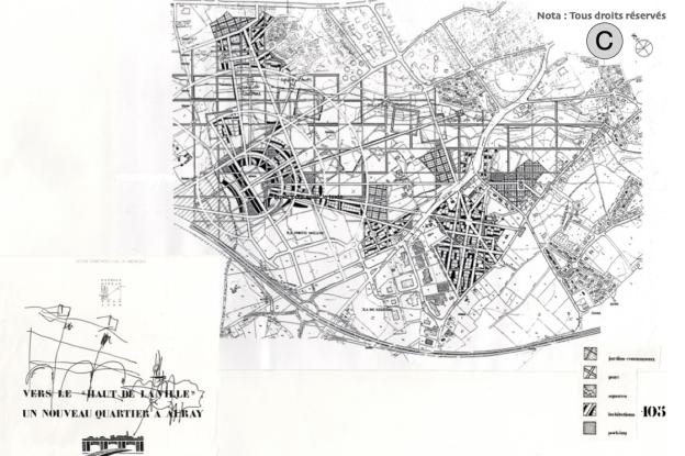 Plan masse/Plaquette Diplôme d'architecte 1990 - Ecole d'architecture de Bretagne ( Zone de Porte Océane - Auray ) TPFE Octobre 1990 :
