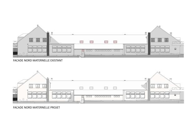 La façade nord de la maternelle présente une transformation significative entre l’état existant et le projet. L’intervention apporte une modernisation avec l’ajout d’ouvertures pour une meilleure luminosité naturelle à l’intérieur. Les volumes restent harmonieux, préservant l’architecture d’origine tout en intégrant des éléments contemporains. Ce projet reflète un équilibre entre rénovation et fonctionnalité, adapté aux besoins des jeunes usagers.