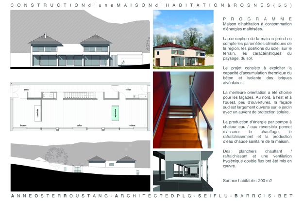 La conception de la maison prend en compte les paramètres climatiques de la région, les positions du soleil sur le terrain, les caractéristiques du paysage, du sol.   Le projet consiste à exploiter la capacité d’accumulation thermique du béton et isolante des briques alvéolaires.   La meilleure orientation a été choisie pour les façades. Au nord, à l’est et à l’ouest, peu d’ouvertures, la façade sud est largement ouverte sur le jardin avec un auvent de protection solaire.  La production d’énergie par pompe 