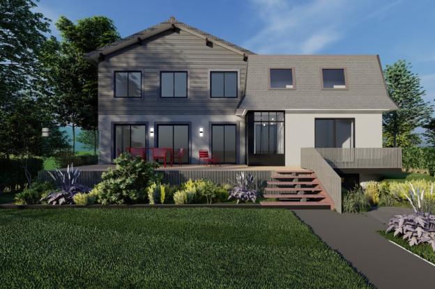 Renovation de façade par un bardage gris pour une maison résolument contemporaine à Meudon la foret