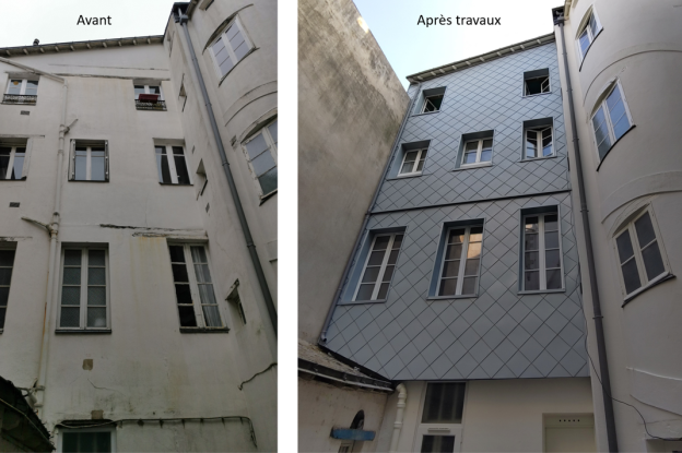 Image façade cour, avant et après travaux d'isolation thermique par l'extérieur