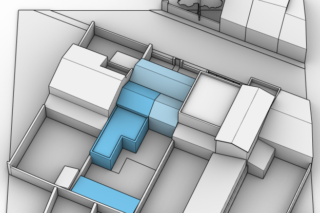 Vue axonométrique, identification des parties existantes (clair) et créées (foncé), organisation des volumes