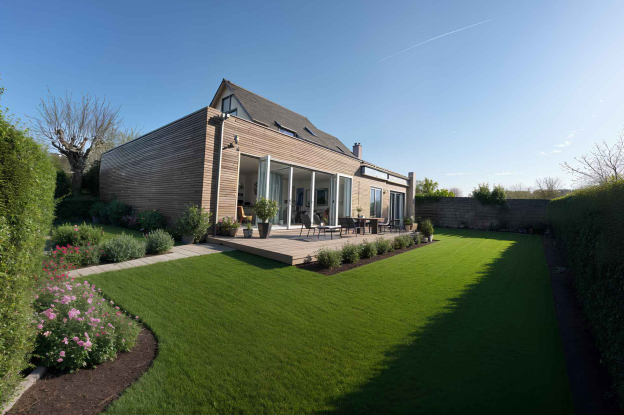 Vue extérieure de la  maison après travaux,  avec extension contemporaine en bardage bois, largement ouverte sur le jardin par de grandes baies vitrées, terrasse en bois et aménagement paysager.