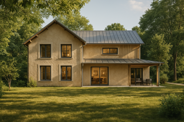 Le mélange d’enduit à la chaux et de bois naturel ancre la maison dans le paysage. Les ouvertures sont rythmées, la lumière entre largement, et l’ensemble affirme une sobriété paisible, à l’abri des grands arbres.