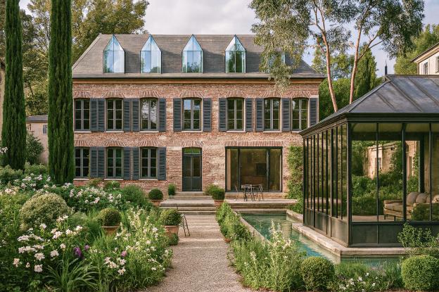  La maison rénovée s’inscrit dans un jardin structuré et paysager, associant façade en brique requalifiée, nouvelles ouvertures et volumes contemporains, avec une extension vitrée et un bassin prolongeant les espaces de vie vers l’extérieur.