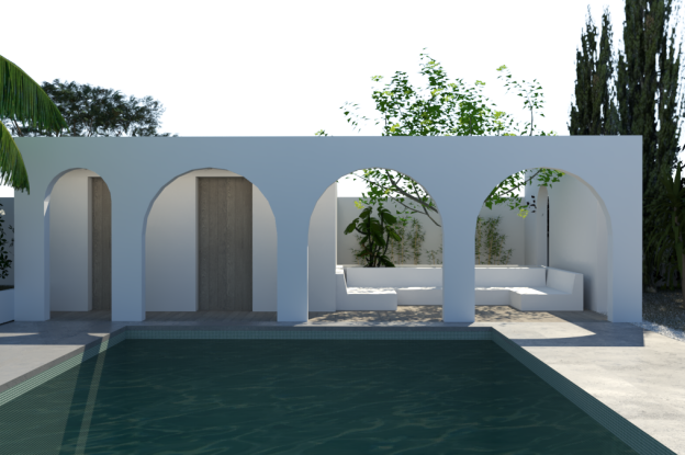 Nous avons travaillé sur un principe de « double peau » permettant de dissimuler le local technique existant de la piscine et de créer ainsi un pavillon en fond de jardin. Cet élément architectural joue également un rôle majeur dans l’attractivité visuelle depuis l’intérieur de la maison, en constituant un point d’appel et une profondeur de regard vers l’extérieur. Le pavillon accueille un salon d’été intime, filtré par une succession d’arches arrondies qui cadrent les vues, orientent et filtren le regard 