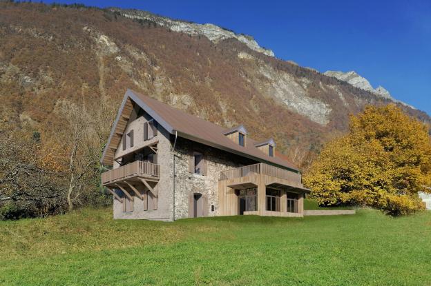 Vue d'ensemble état projeté, avec balcon et casquette de protection, extension et brise-soleil. 