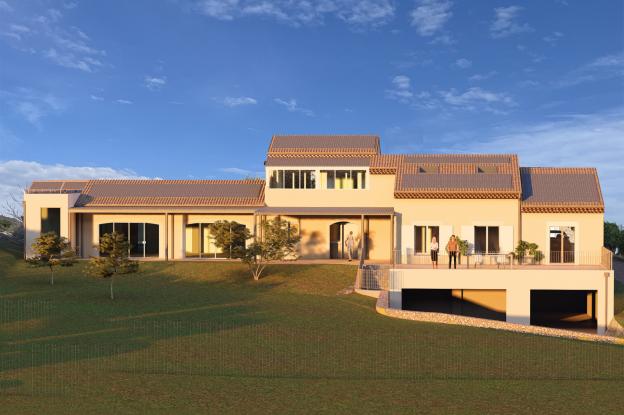 Extension maison individuelle, façade sud avec terrasse et pool-house – Peaugres, MCA Architecture