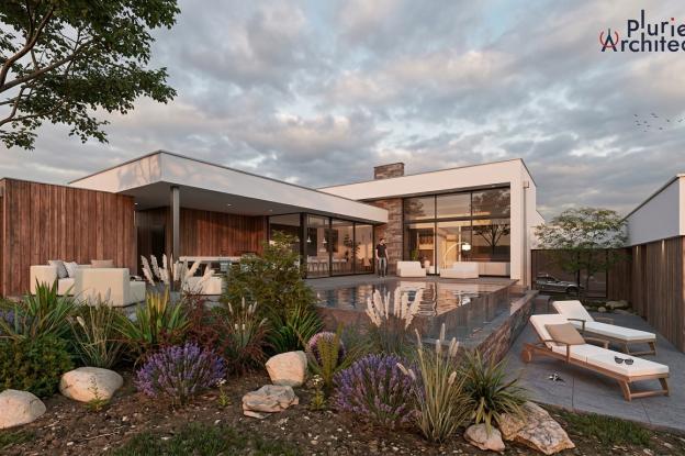 Vue 3D de la façade arrière d’une maison individuelle à Valmont avec grandes baies vitrées, terrasse, piscine et pool house