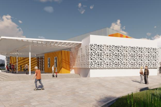 Une architecture ouverte sur l’espace public, marquée par un large auvent qui prolonge le bâtiment vers le parvis.