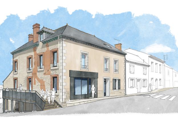 Illustration d'architecture colorée au style de dessin à la main, représentant le projet de rénovation d'un bâtiment d'angle en milieu urbain ou villageois. L'édifice principal, beige clair avec un toit en ardoise, intègre au rez-de-chaussée une devanture commerciale moderne et sombre, ainsi qu'une terrasse surélevée accessible par un escalier extérieur où se trouvent des silhouettes de piétons esquissées. La façade latérale laisse apparaître des éléments de briques rousses.