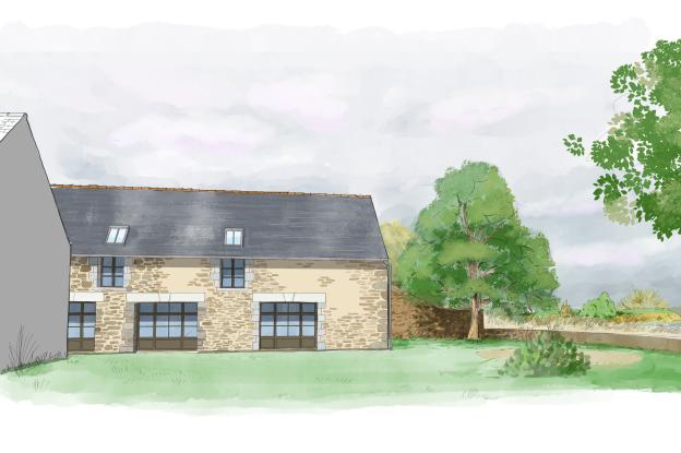 Voici une proposition d'alternatiUne illustration de style aquarelle représentant la façade d'une longère traditionnelle en pierre apparente et enduit clair, typique de la région de Pleudihen. Le bâtiment possède un toit en ardoise grise percé de deux fenêtres de toit. Au rez-de-chaussée, on distingue de grandes baies vitrées avec des encadrements en pierre blanche et des menuiseries sombres à petits carreaux. 