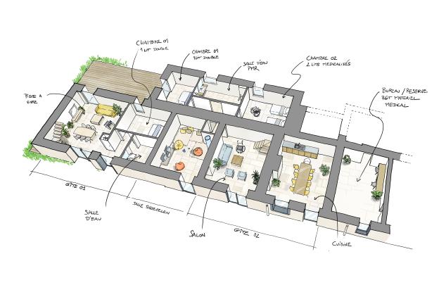Un plan 3D axonométrique coloré, détaillant l'aménagement intérieur du rez-de-chaussée d'un grand bâtiment divisé en deux gîtes et des espaces médicaux ou de bien-être. À gauche, le Gîte 01 comprend une grande pièce à vivre (salon et salle à manger), une chambre avec un lit double et une salle d'eau. Au centre, on trouve une « Salle Snoezelen » (espace de stimulation sensorielle) équipée de poufs colorés. À droite, le Gîte 02 est composé d'un salon et d'une grande cuisine. 
