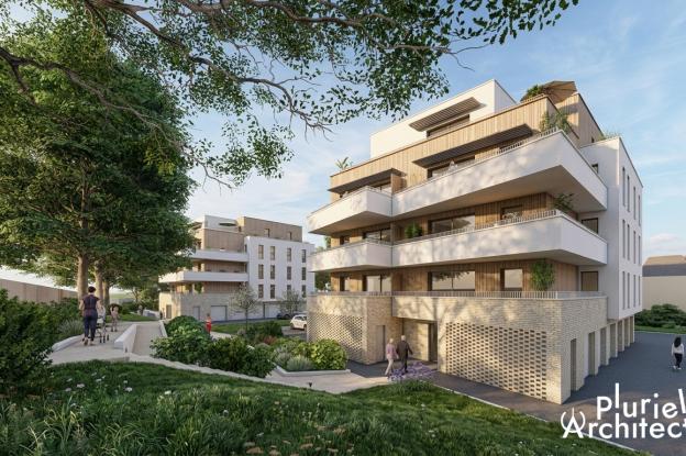 Vue perspective d’un ensemble de deux immeubles de logements collectifs contemporains à Forbach, composés de façades claires, bardages bois et larges balcons orientés plein sud, intégrés dans un environnement paysager arboré.