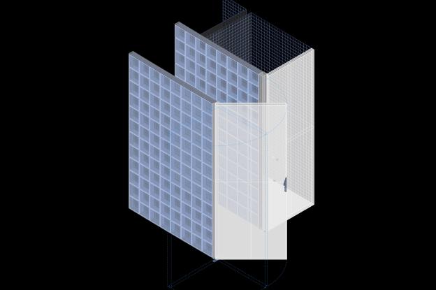 Vue axonométriques des portes pivots entre chambre, séjour, WC et Suite