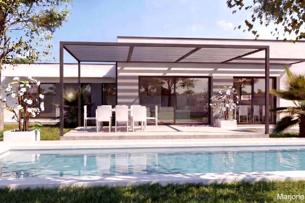 Volumes épurés blancs, grandes ouvertures sur la piscine, casquettes, claustras et jardinières en béton blanc, menuiseries, pergola et brise-soleil en aluminium gris anthracite.