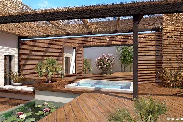 Terrasse bois couverte, jacuzzi et mare à nénuphars