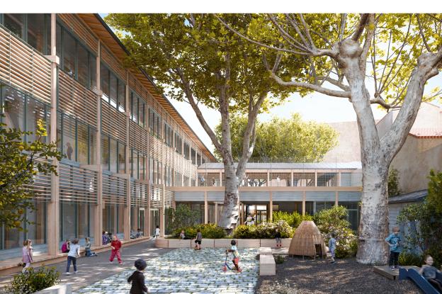 Vue de la cour maternelle et de l’extension