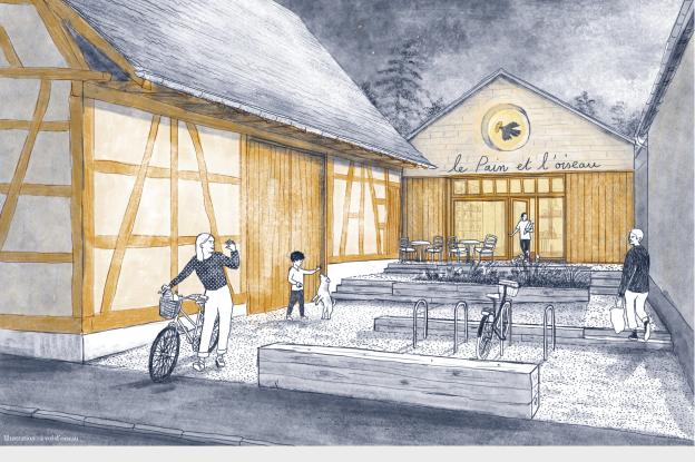 Vue sur façade d'entrée du fournil - illustration à vol d'oiseau