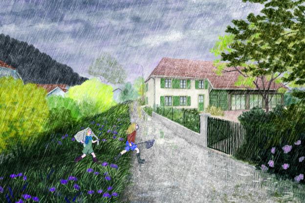 Perspective sur façade de maison après rénovation. Illustration A vol d'oiseau