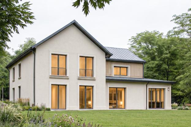 Le mélange d’enduit à la chaux et de bois naturel ancre la maison dans le paysage. Les ouvertures sont rythmées, la lumière entre largement, et l’ensemble affirme une sobriété paisible, à l’abri des grands arbres.