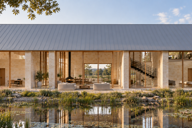 maison en pierre et grands vitrages