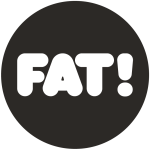 Logo rond noir avec écrit FAT! en blanc au milieu