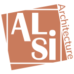 Logo terracotta avec les lettres « AL » et « Si » sur deux lignes, accompagné du mot « Architecture » inscrit verticalement sur le côté droit.