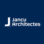 J JANCU ARCHITECTES, logo écrit en blanc sur un fond carré bleu profond