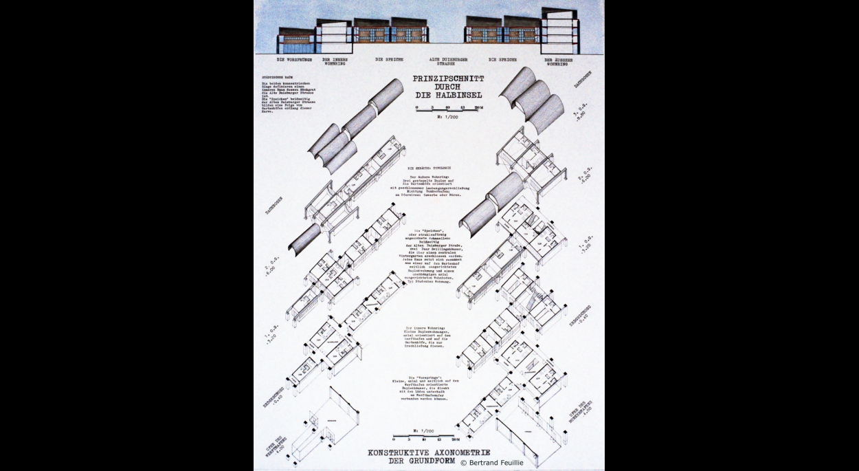 Axonométrie éclatée du système constructif industrialisé en acier pour les logements.