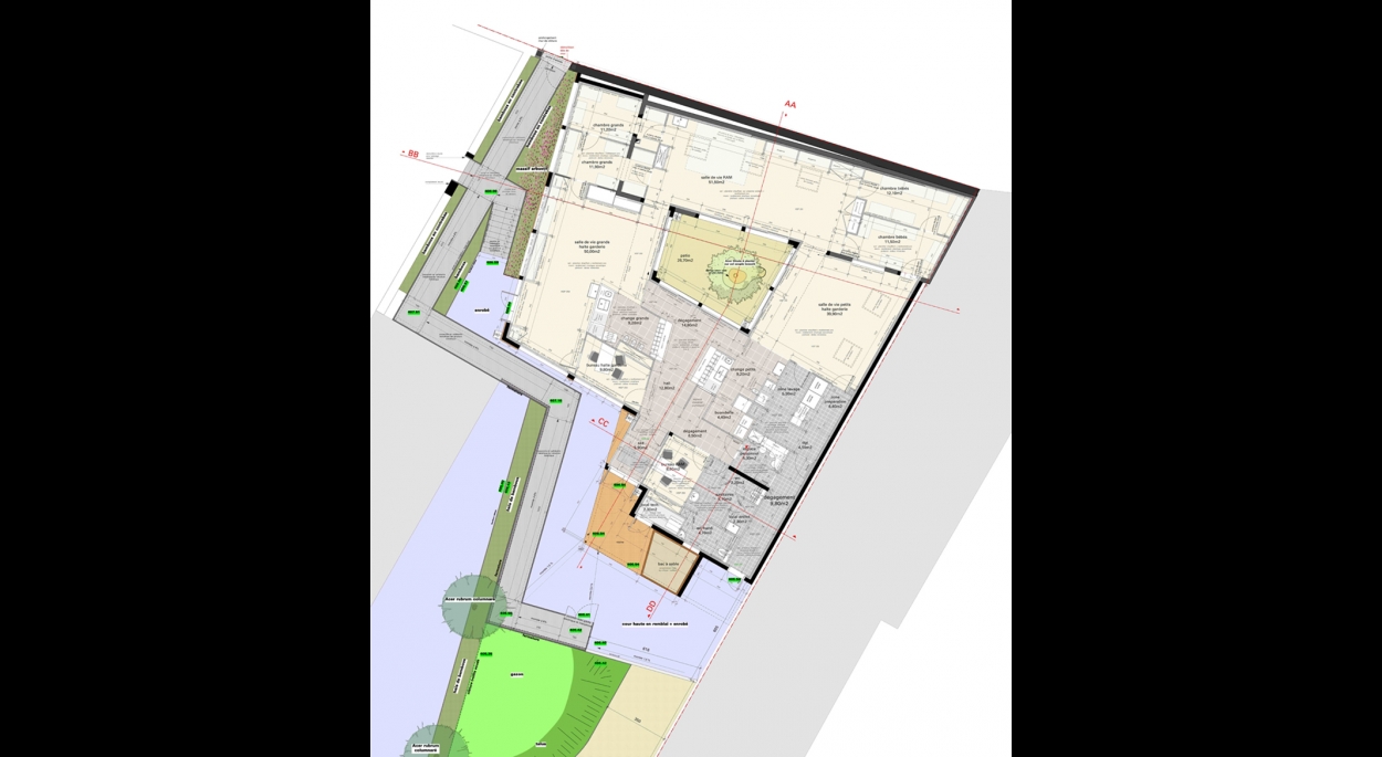 Plan du projet avec organisation des extensions autour d'un patio central