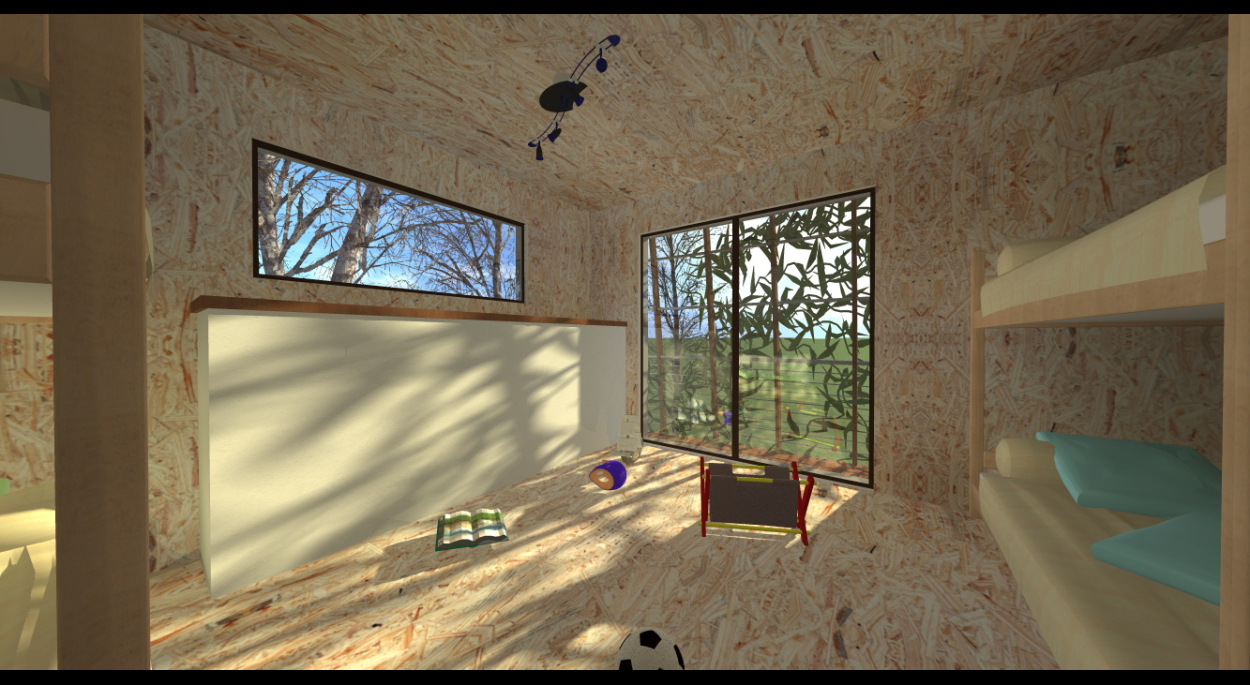 Un intérieur 100% bois avec panneau de bois OSB visible.