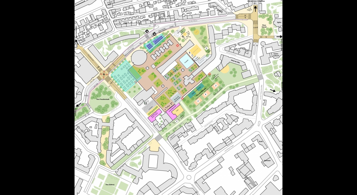 Plan végétal du centre ville de Courbevoie avec un plan schématique du Centre Charras au niveau de la toiture terrasse