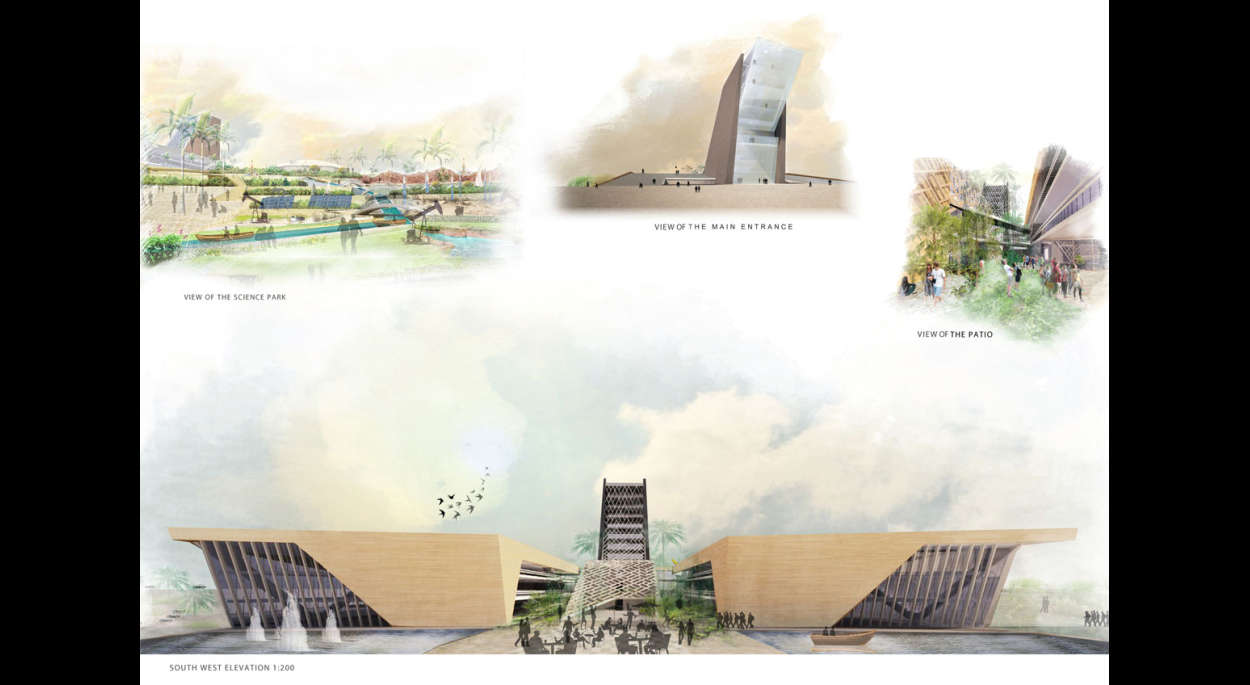 Science City Egypt, par SLA Architecture et BECT - Élévation Sud Ouest 1:200 et autres vues