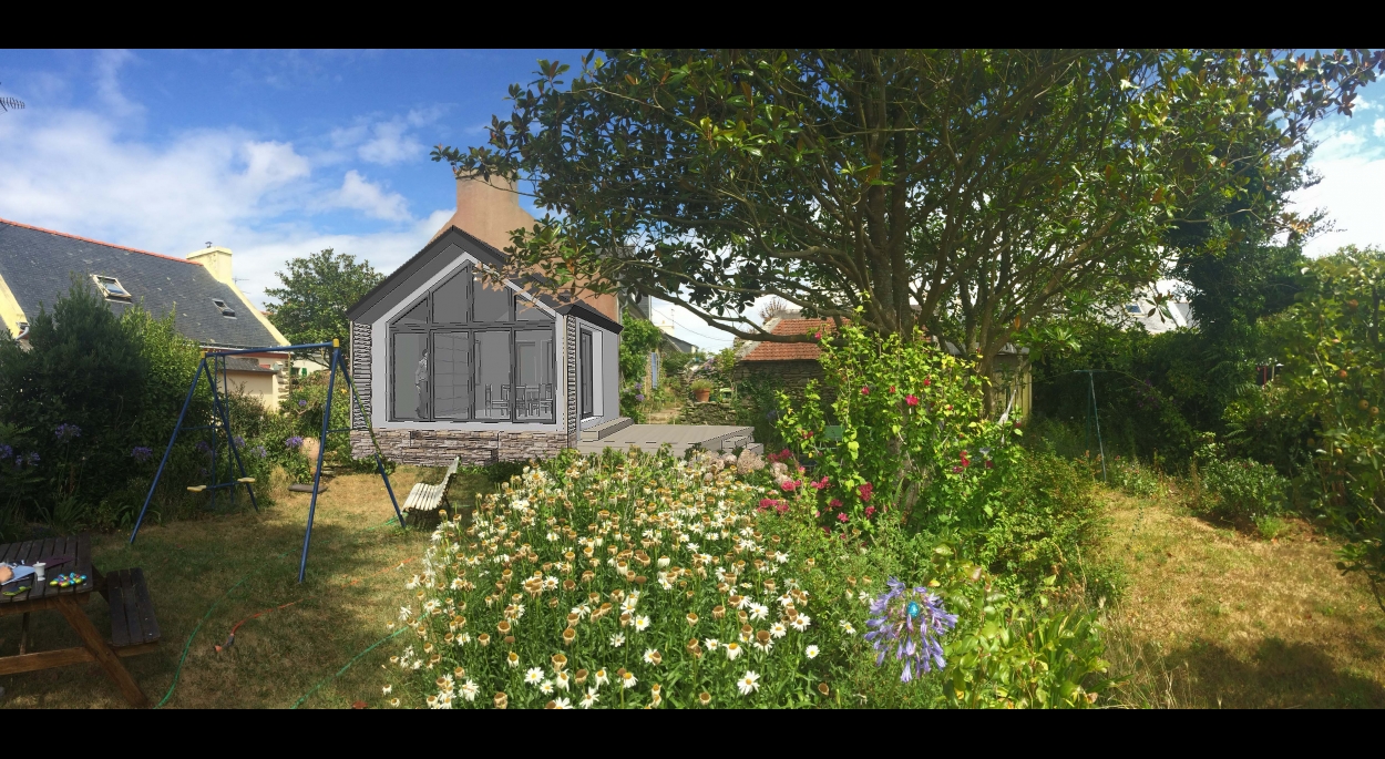 Extension à Groix: cabane contemporaine dans le jardin, belvédère vitré au milieu des fleurs...