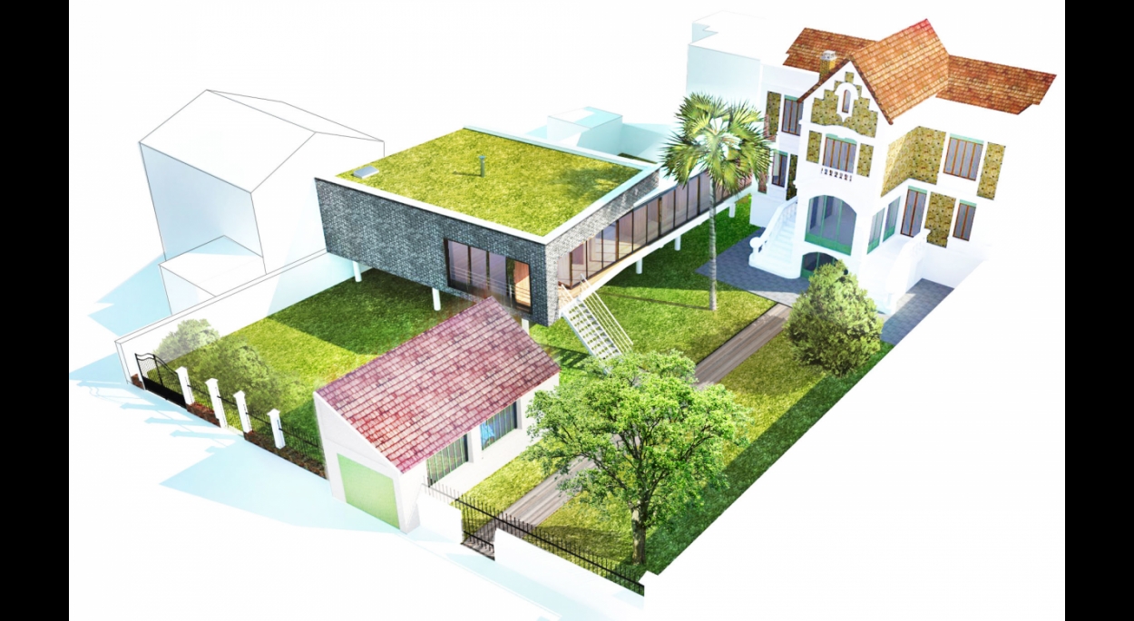 extension,logement individuel neuf, RT 2015, toiture végétalisée, pierre Degageux, DX architectures, pillotis