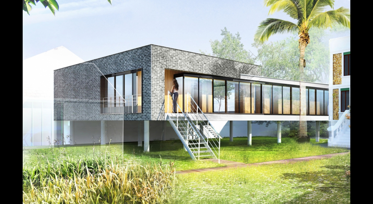 extension,logement individuel neuf, RT 2015, toiture végétalisée, pierre Degageux, DX architectures, pillotis