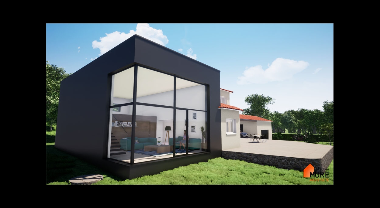 Extension d'une maison - Grande baie vitrée d'angle - Toiture terrasse végétalisée