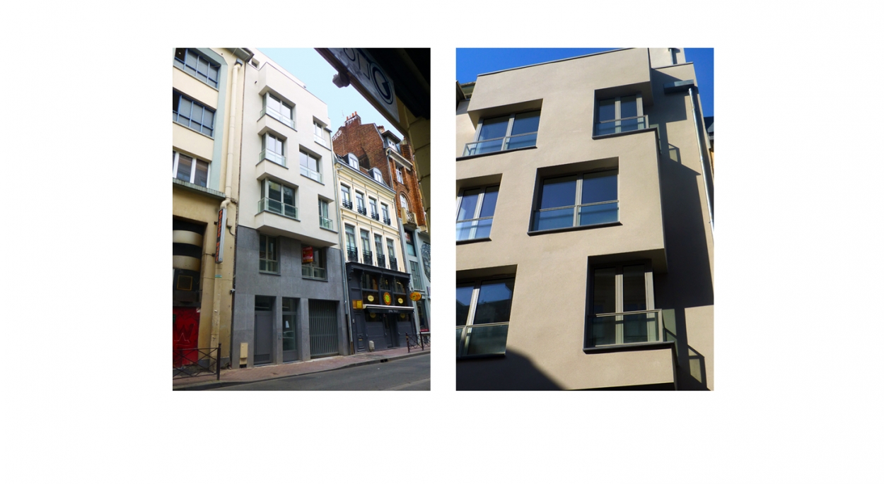 Projet de 6 logements collectifs - Soubassement en pierre bleue - enduit ton blanc aux étages - Bow-window