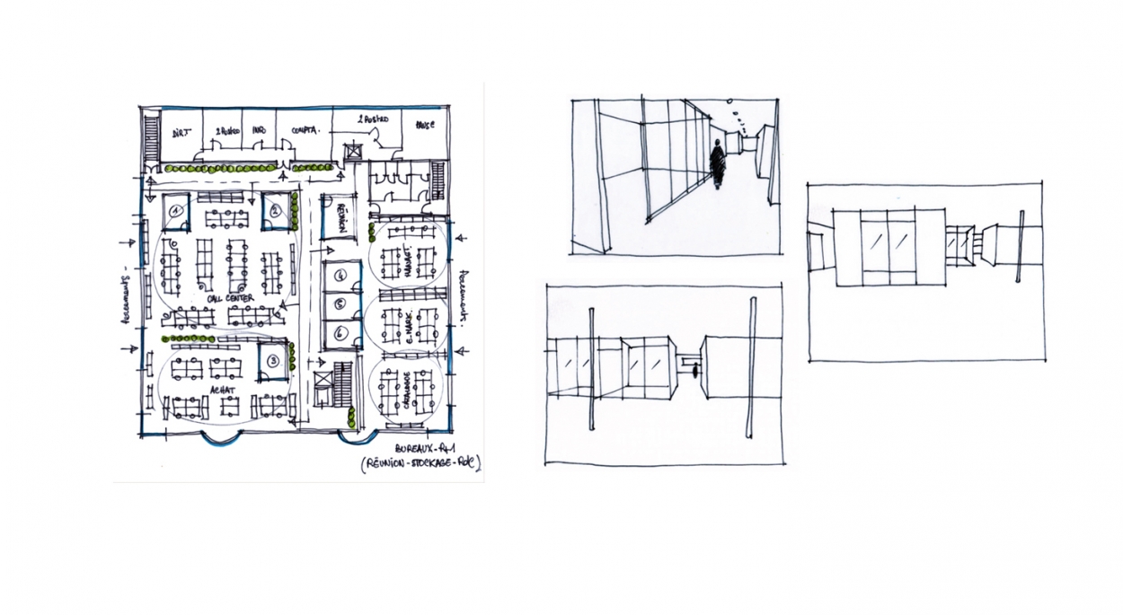 Aménagement de bureaux - Plan de l'open space - Croquis d'étude