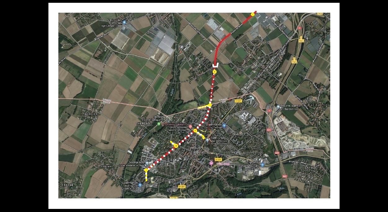 prolongation Tram 15 : tunnel de 1600 m : Proposition du nouveau cheminement du tram 15 pour rejoindre St. Julien en Genevois en tunnel de 1600 m lorsque la dénivellation est de cca 40 m